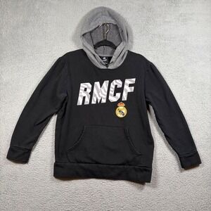Real Madrid CF RMCF Mens Small Black Grey Two Tone Fleece Hoodie Sweatshirt